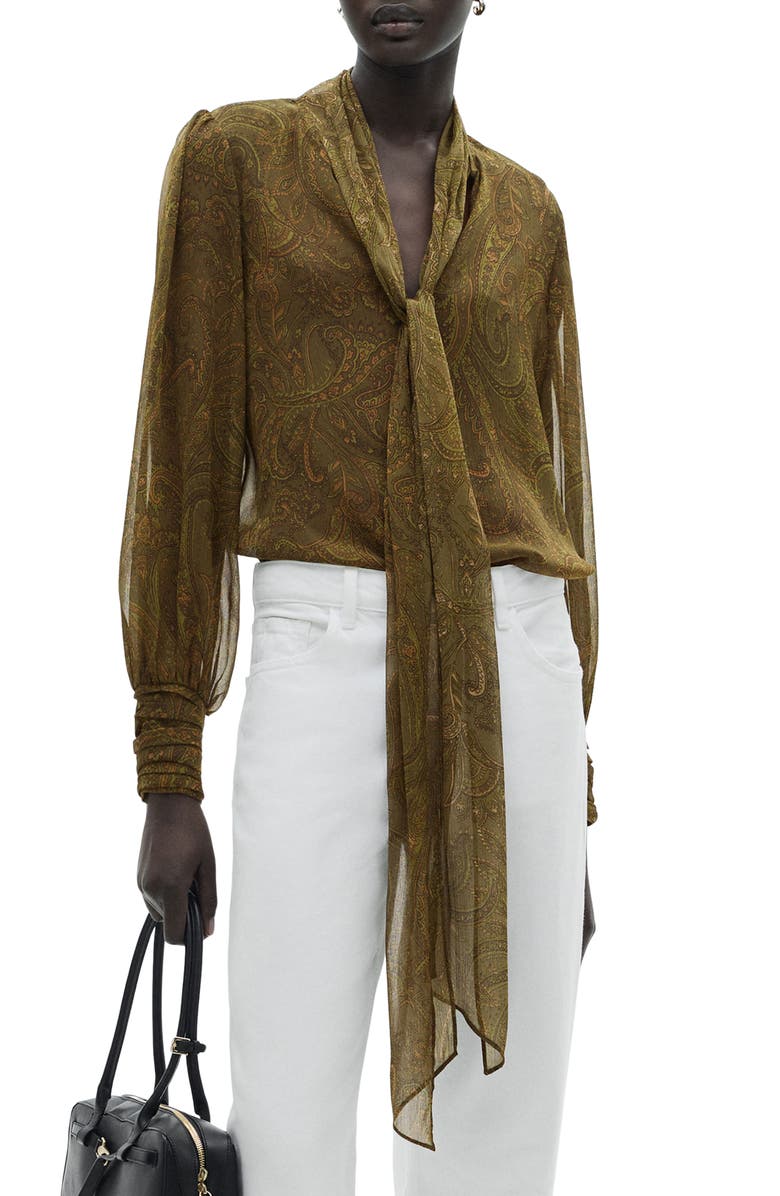 MANGO Print Tie Neck Shirt, Main, color, 