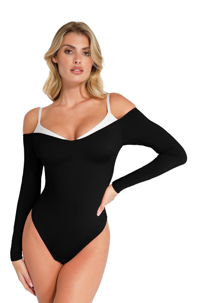 Popilush Shapewear Long Sleeve Cold Shoulder Tummy Control Bodysuit, Alternate, color, Standard Black