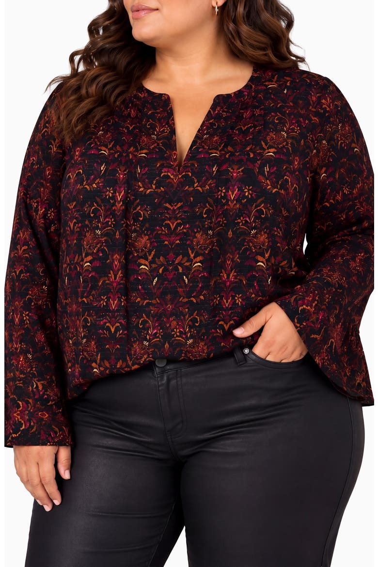 Pintucked Print Sateen Top, Main, color, BLK/ BURGNDY MLT