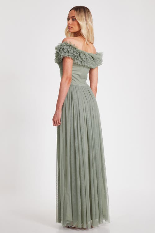 Quiz Mesh Ruffle Bardot Maxi Dress In Sage