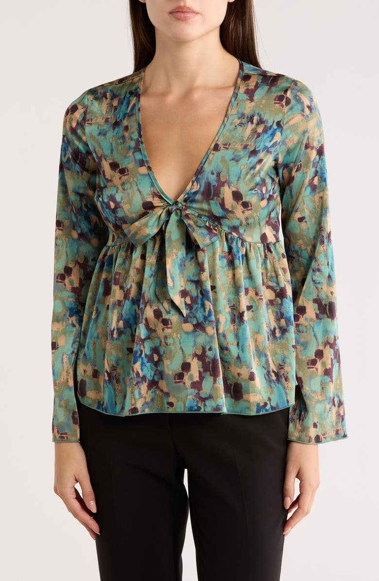 PATRIZIA LUCA V-Neck Bell Sleeve Print Top, Main, color, Teal