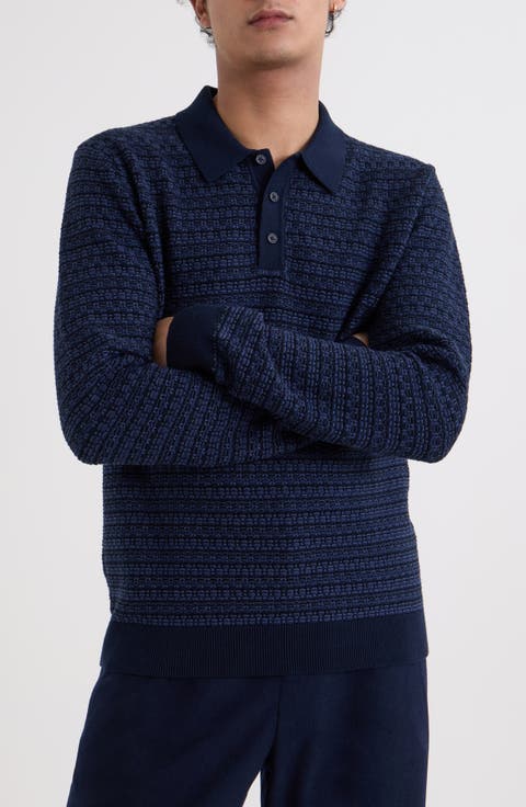 Oban Geometric Cotton Long Sleeve Polo