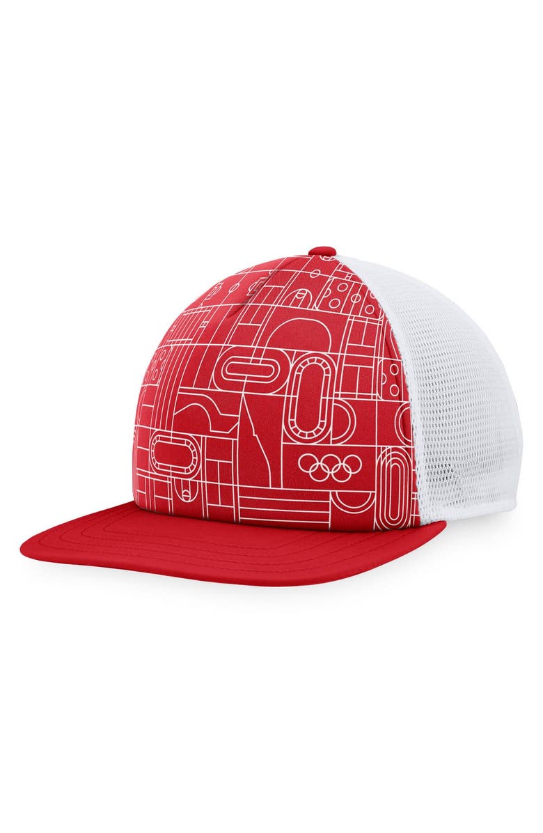 FANATICS Men's Fanatics Branded Red Olympic Games Five-Panel Trucker Snapback Hat, Main, color, Red