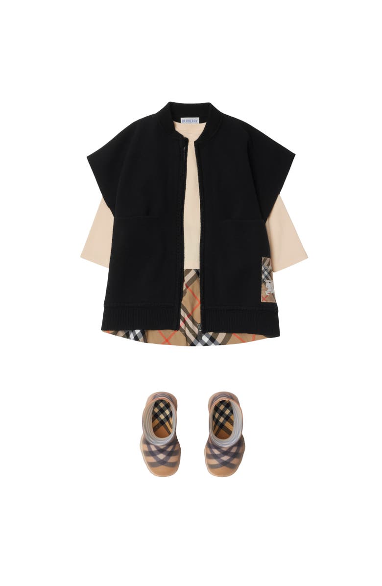 Burberry Check Label Wool Blend Cape, Alternate, color, Black