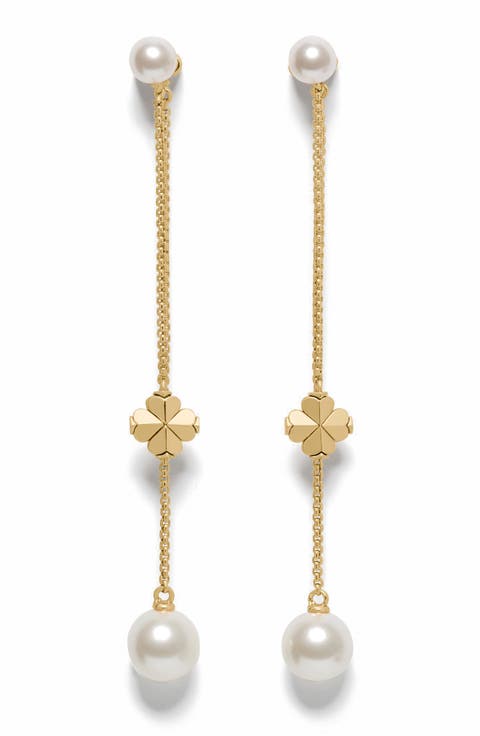 spade flower & faux pearl chain linear earrings