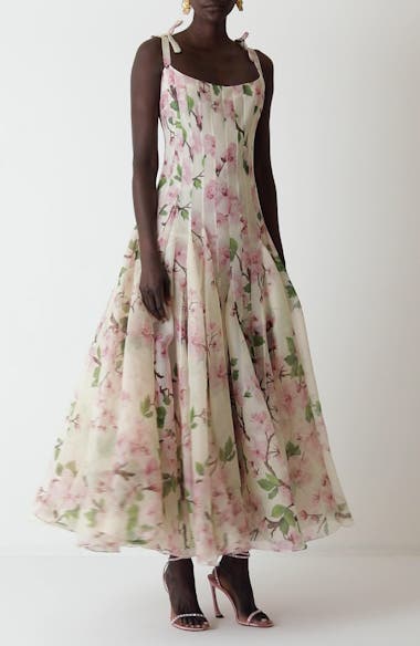 Oscar de la Renta Cherry Blossom Print Pleated Organza