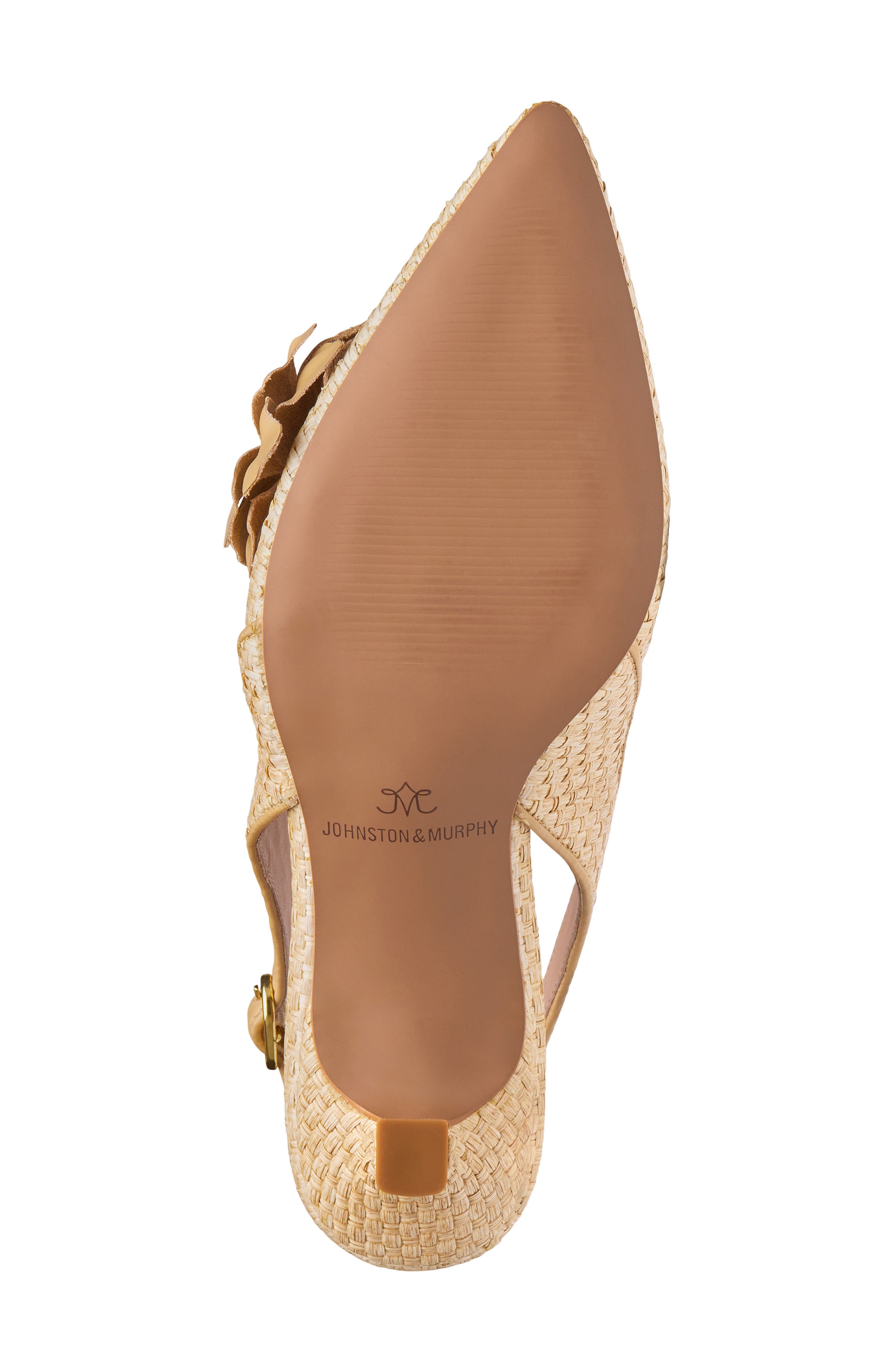 Johnston & Murphy Lindsey Flower Slingback Pointed Toe Kitten Heel Pump, Alternate, color, Natural Raffia/Kid Suede