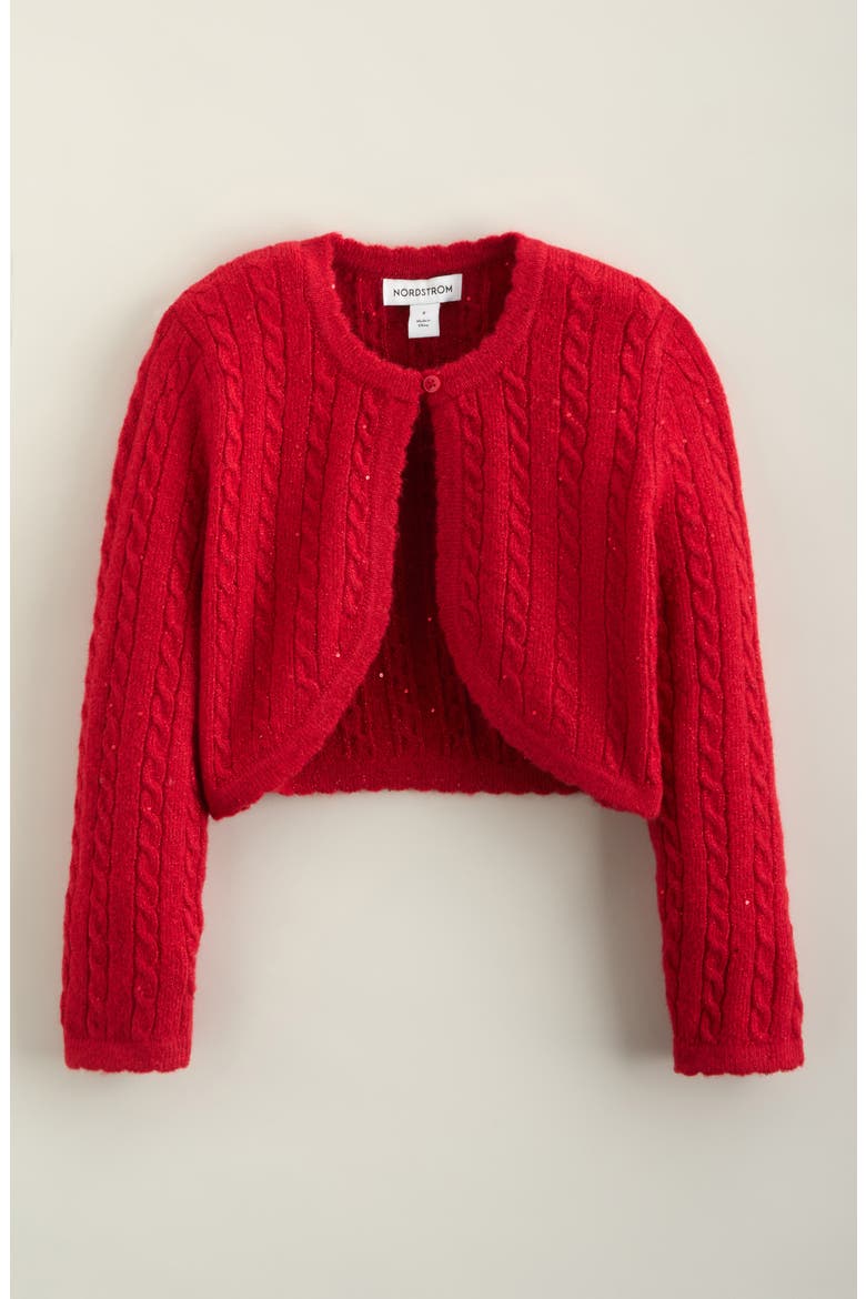 Kids' Sequin Cable Knit Cardigan, Main, color, RED SALSA