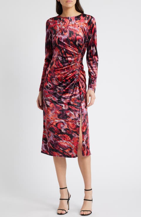 Abstract Print Long Sleeve Velvet Midi Dress