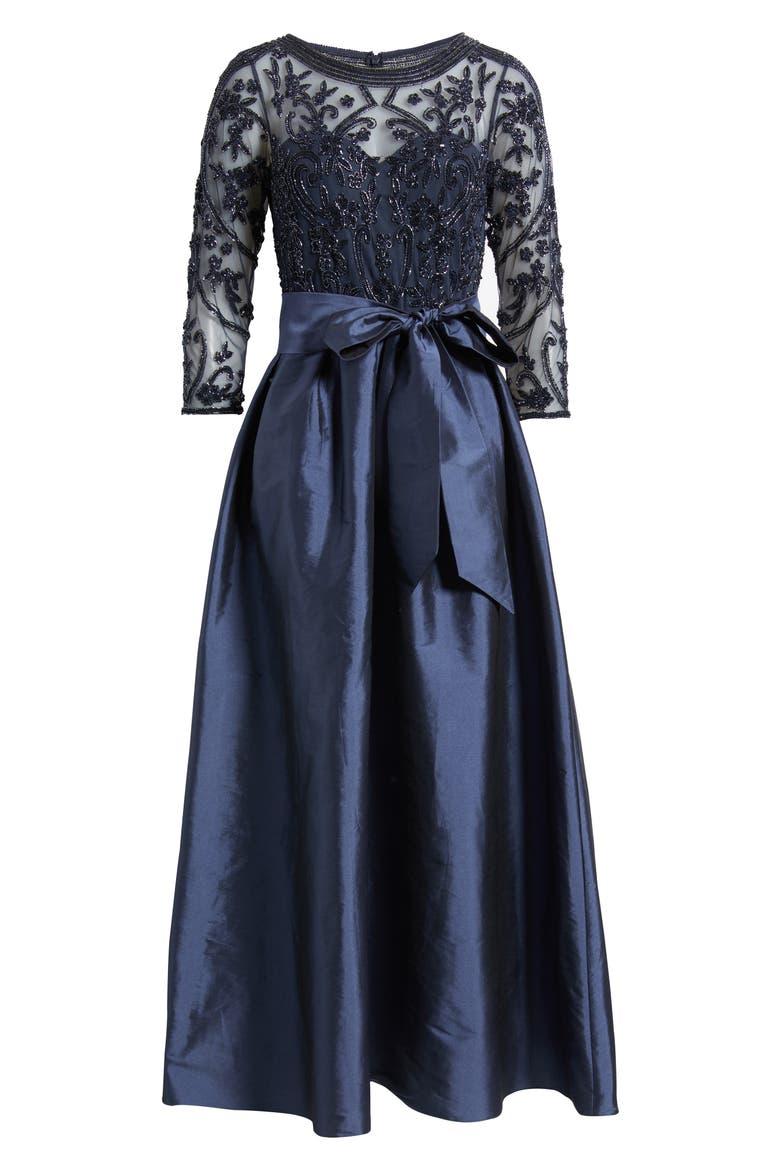 Beaded Illusion Neck Taffeta Cocktail Dress, Alternate, color, DENIM