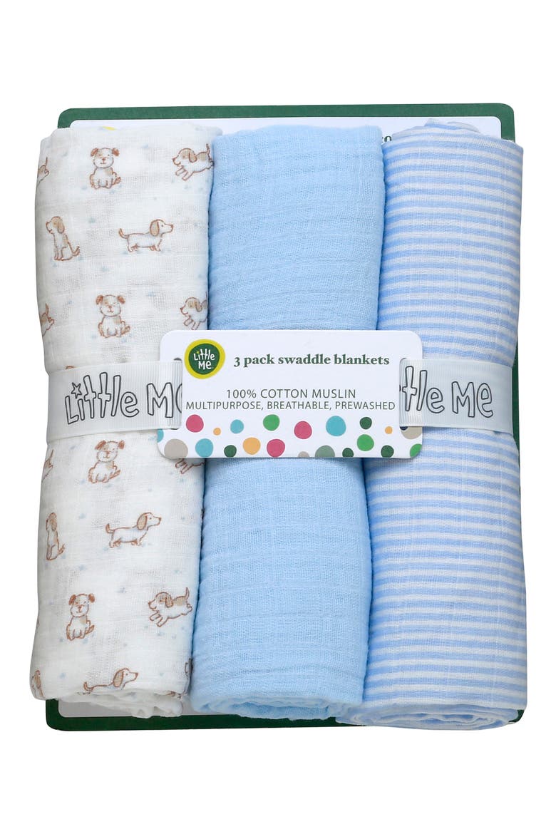 3-Pack Puppy Cotton Muslin Swaddle Blankets, Alternate, color, BLUE