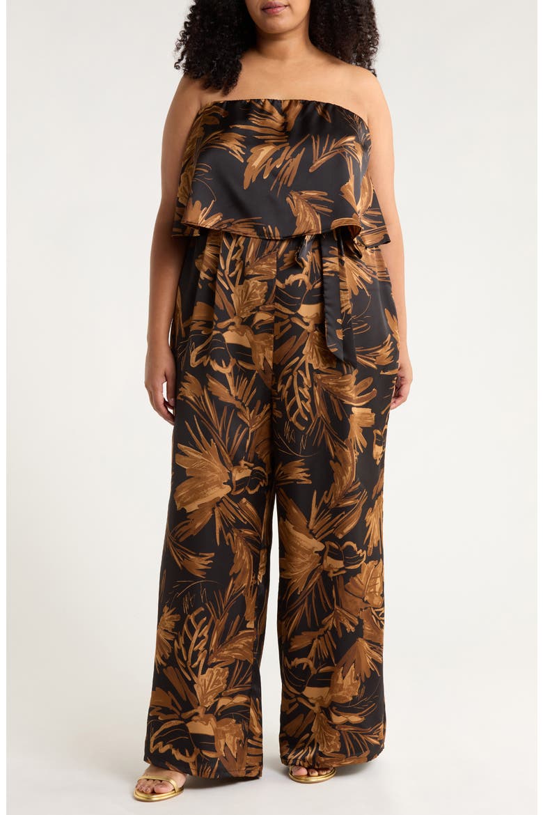 Palm Tropics Midnight Pinal Strapless Wide Leg Jumpsuit, Main, color, BLACK-TAN