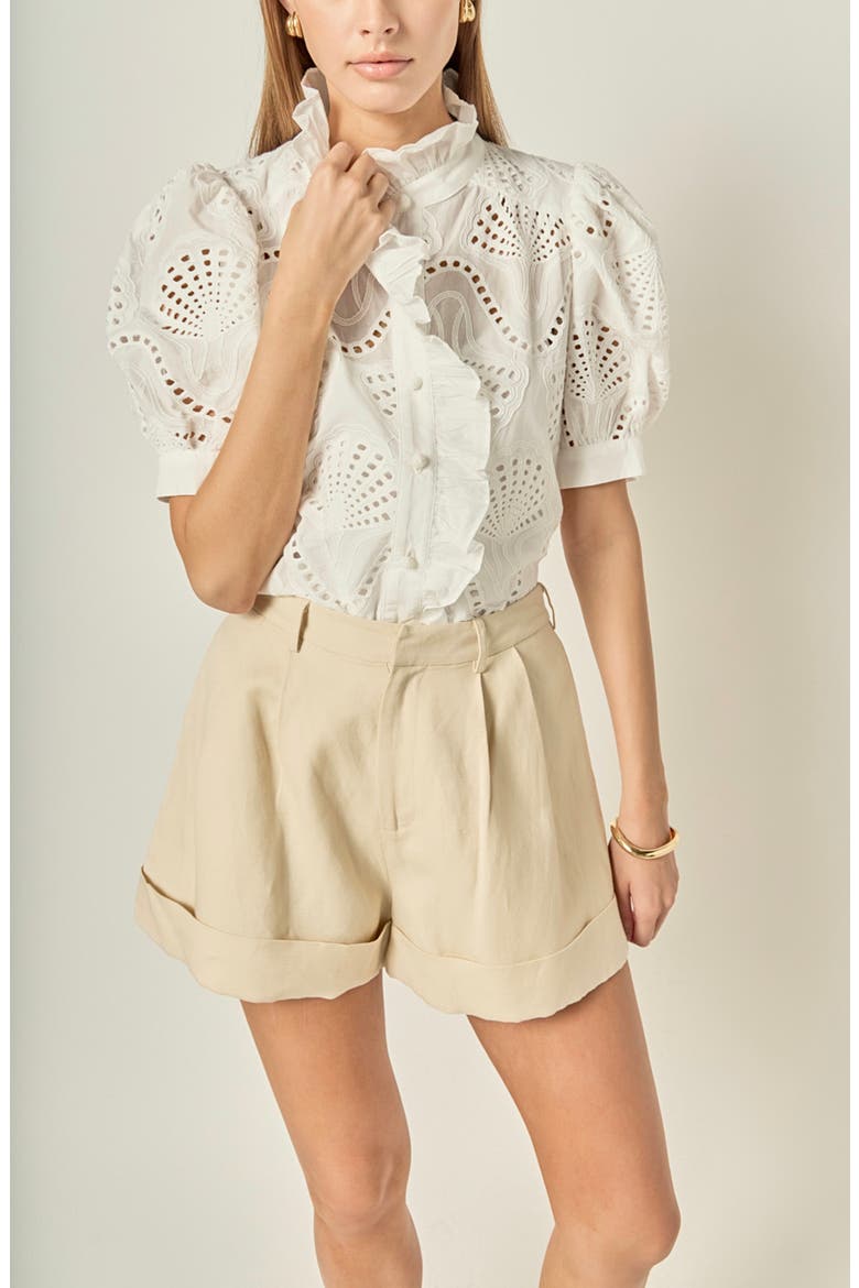 Embroidered Ruffle Eyelet Cotton Top, Alternate, color, WHITE