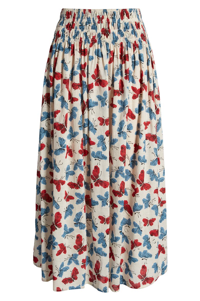 The Viola Butterfly Smocked Waist Cotton Midi Skirt, Alternate, color, BUTTERFLY FLORAL