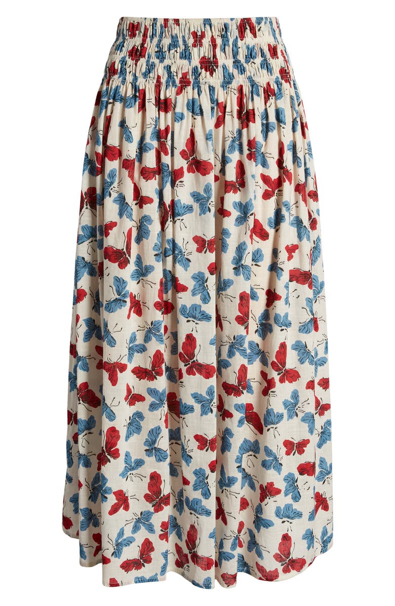 THE GREAT. The Viola Butterfly Smocked Waist Cotton Midi Skirt, Alternate, color,
