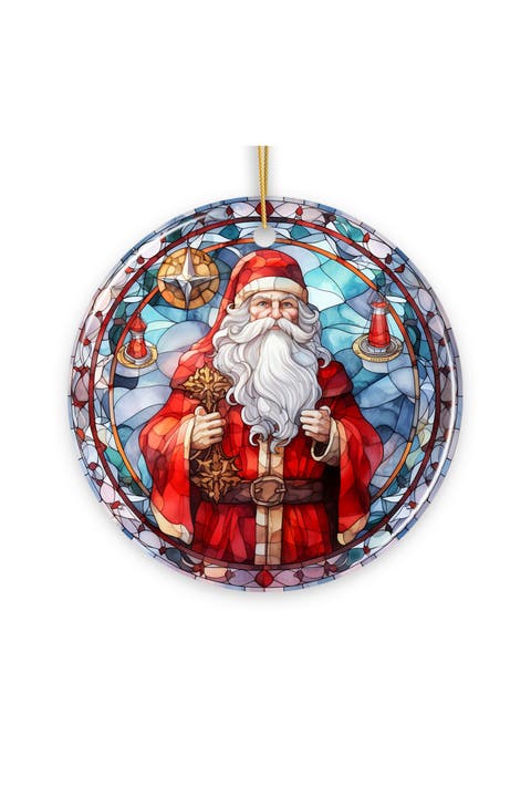 Stained Glass Themed Santa Claus Ceramic Ornament