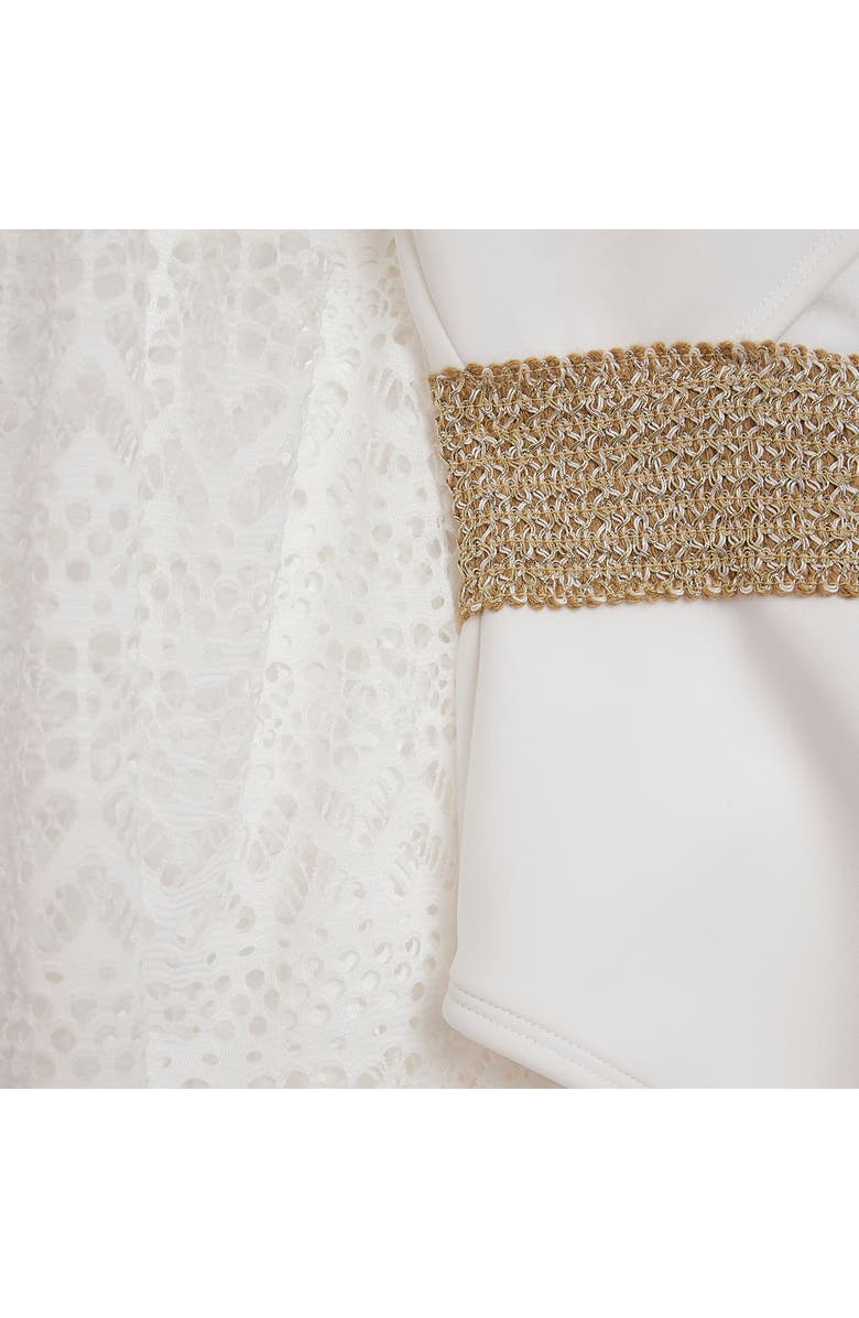 River Island Lace Long Sleeve Cutout One-Piece Swimsuit, Alternate, color, White