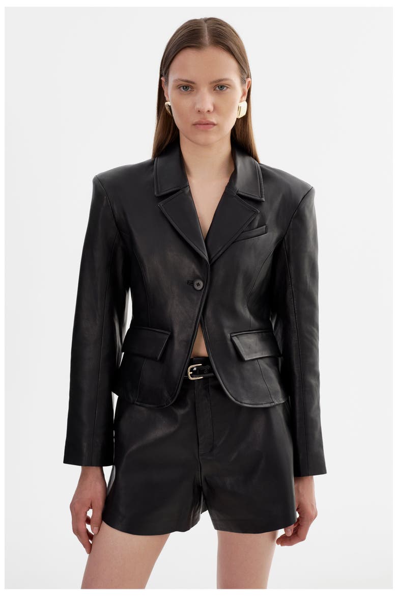 Valentina| Micro Leather Blazer, Main, color, Black