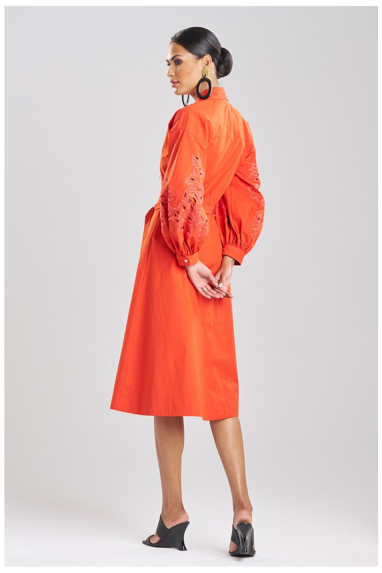 Tech Cotton Taffeta Balloon Sleeve Belted Shirt Dress w/ Embroidery, Alternate, color, ORANGE