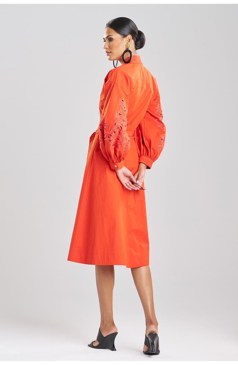 Natori Tech Cotton Taffeta Balloon Sleeve Belted Shirt Dress w/ Embroidery, Alternate, color, Orange