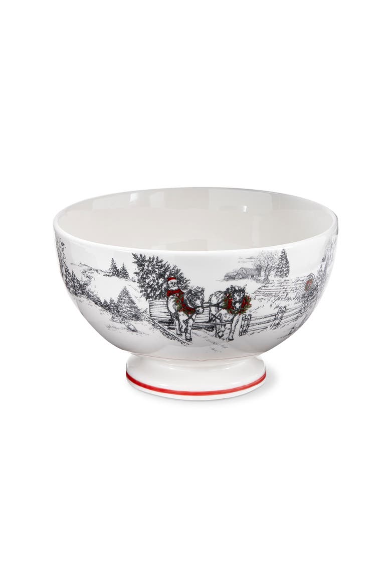 Farmhouse Christmas Earthenware White Pedestal Bowl, Main, color, Multicolored