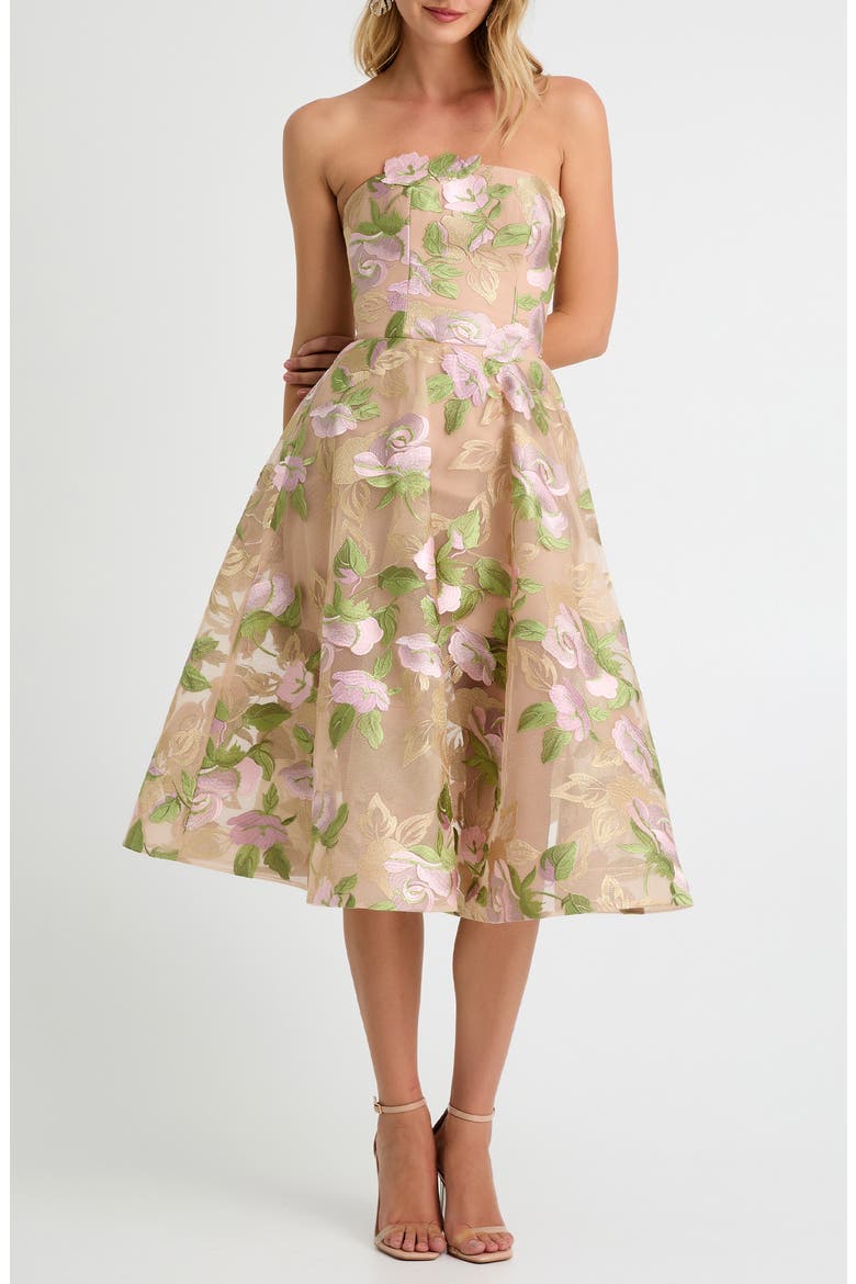 Noemi Embroidered Floral Strapless Cocktail Dress, Main, color, LILAC/ SAGE FLORAL