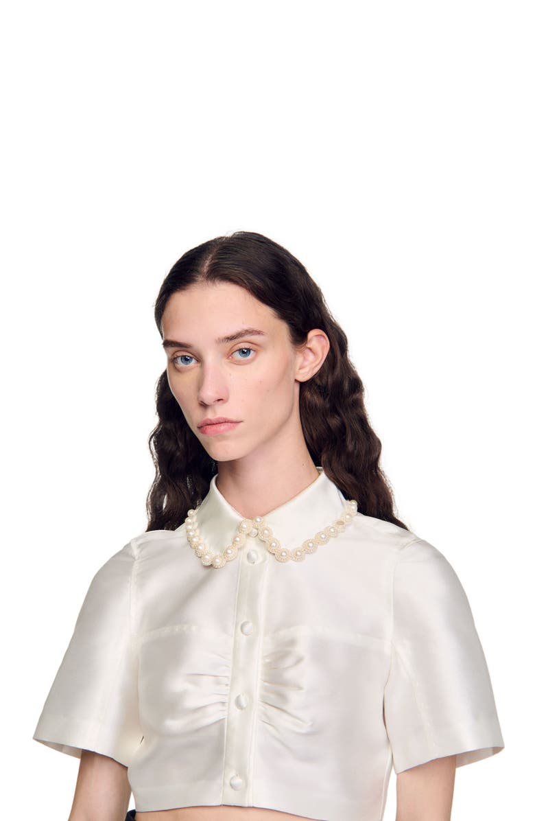 SANDRO Beaded satin-effect cropped shirt, Alternate, color,