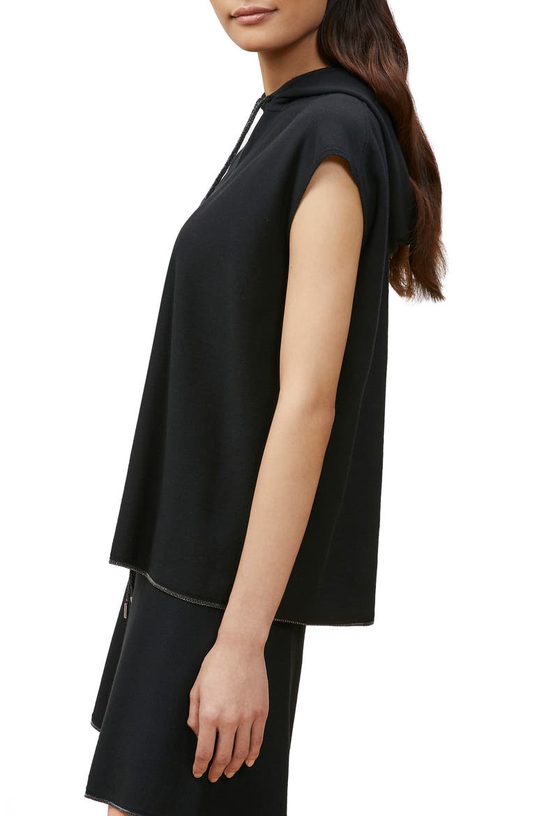 Metallic Trim Matte Crepe Sweater Hoodie, Alternate, color, BLACK