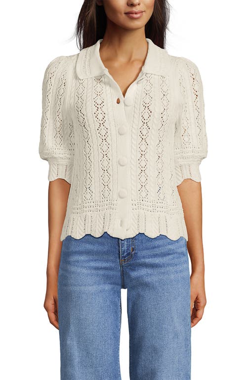 Lands' End Lace Pointelle Puff Sleeve Cardigan Sweater In White