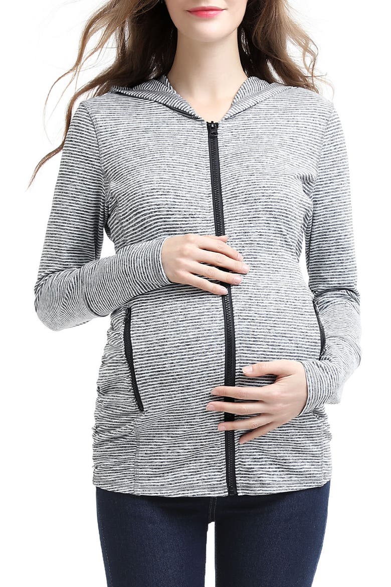 Haven Stripe Ruched Maternity Hoodie, Main, color, BLACK