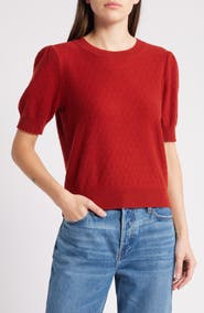FRAME Puff Sleeve Pointelle Cashmere Sweater