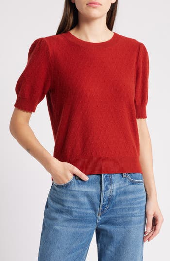 Frame Puff Sleeve Pointelle Cashmere Sweater In Red