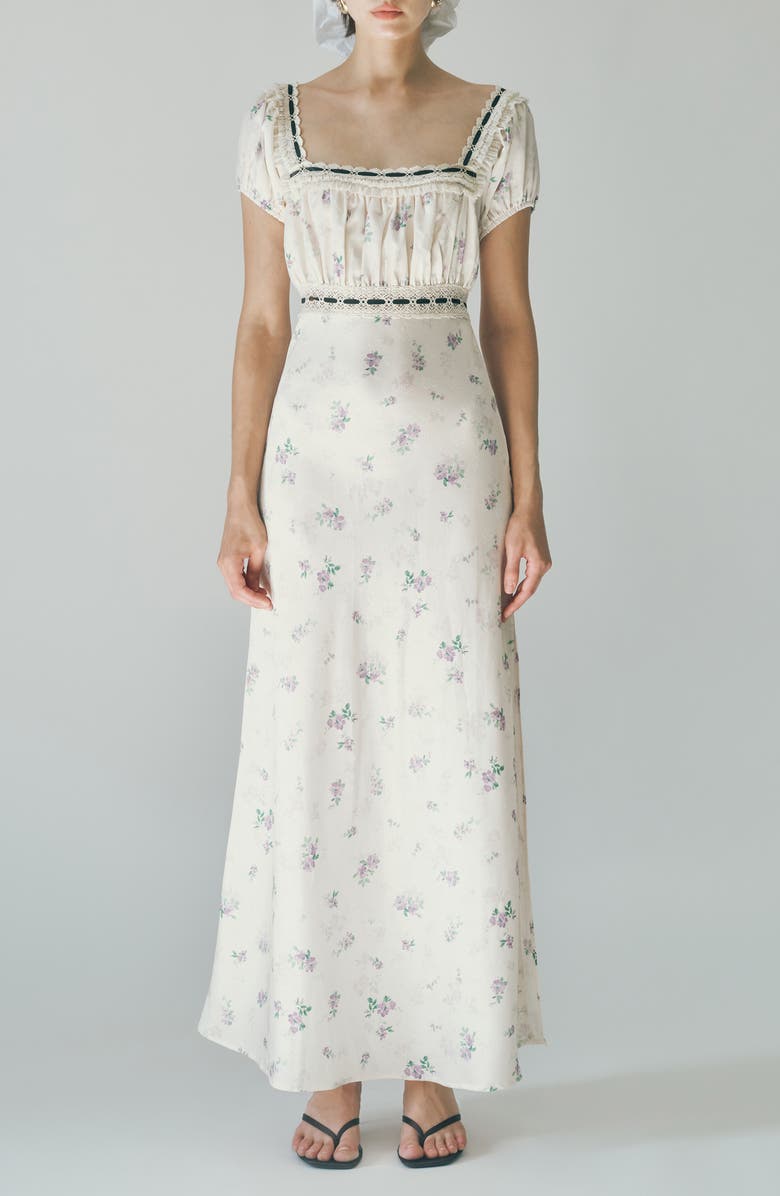 MAUDE CLUB Bambi Ditsy Floral Lace Trim Open Back Dress, Main, color, Blossom Print