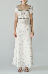 MAUDE CLUB Bambi Ditsy Floral Lace Trim Open Back Dress