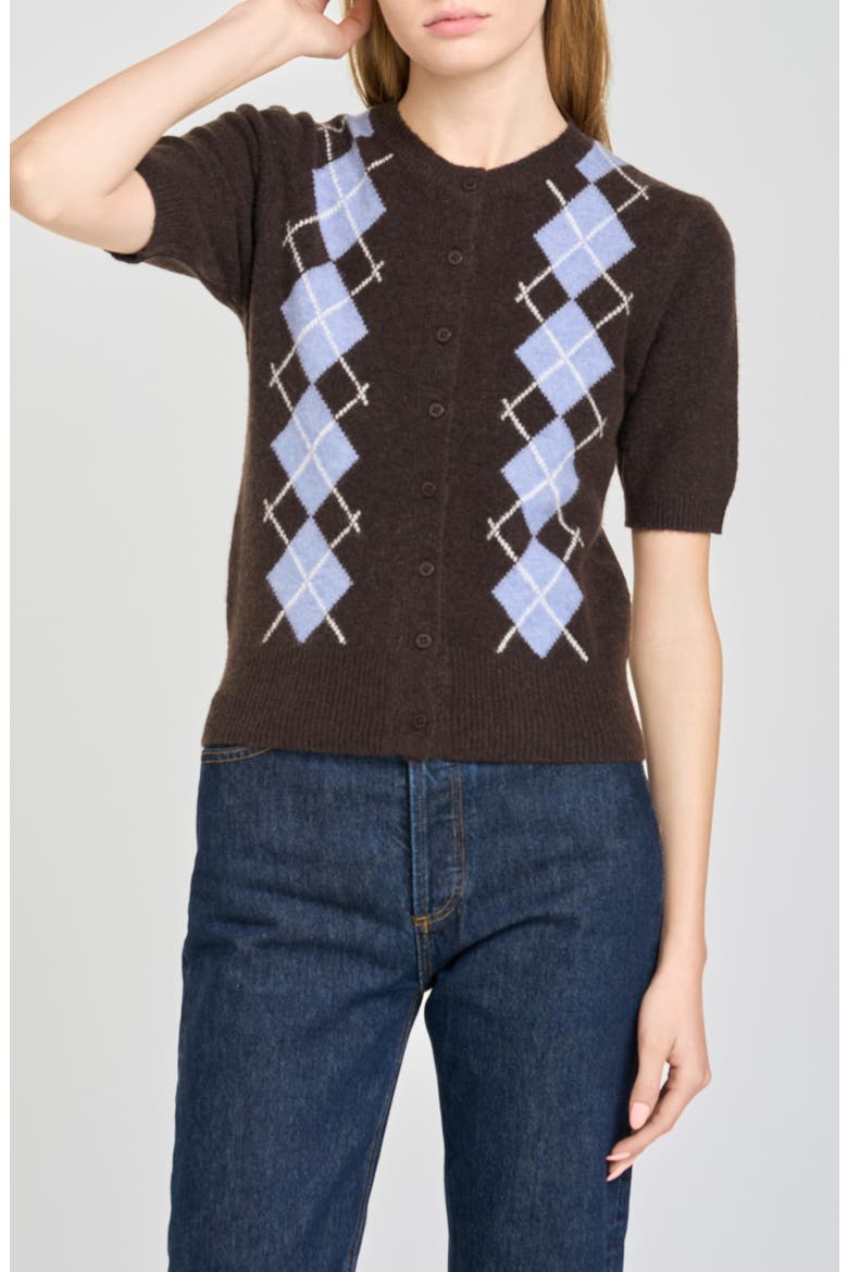 Esther Short Sleeve Cardigan, Alternate, color, BROWN / BLUE