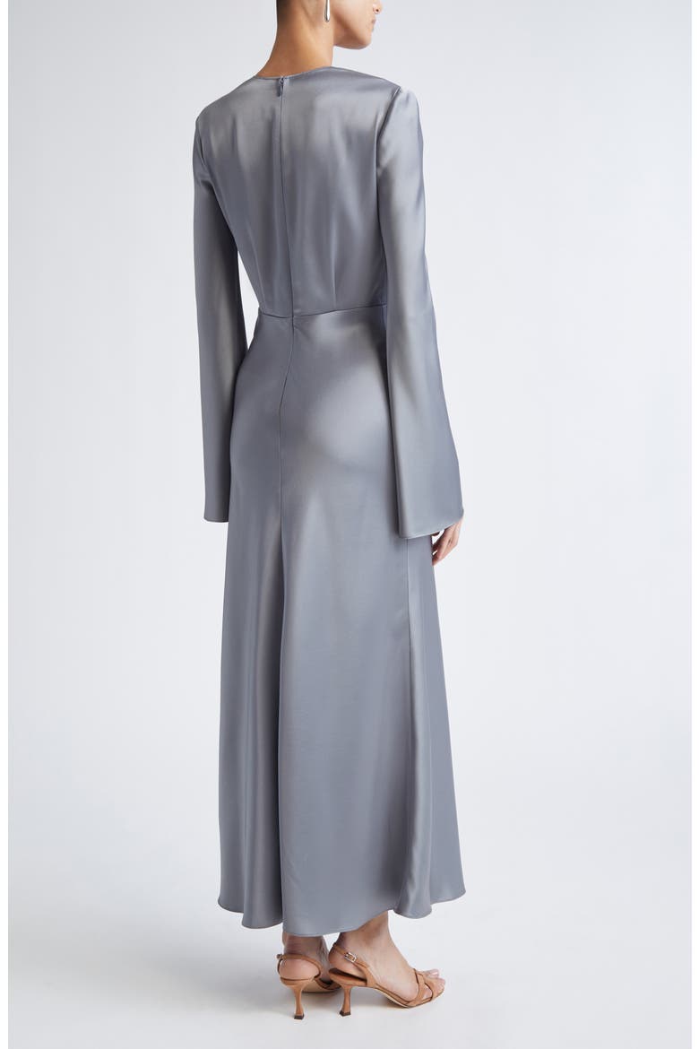 Long Sleeve Satin V-Neck Dress, Alternate, color, PEWTER