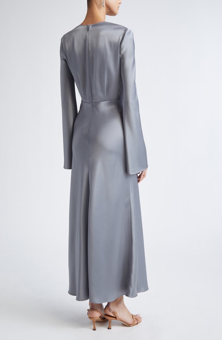 ST. JOHN Long Sleeve Satin V-Neck Dress, Alternate, color, Pewter