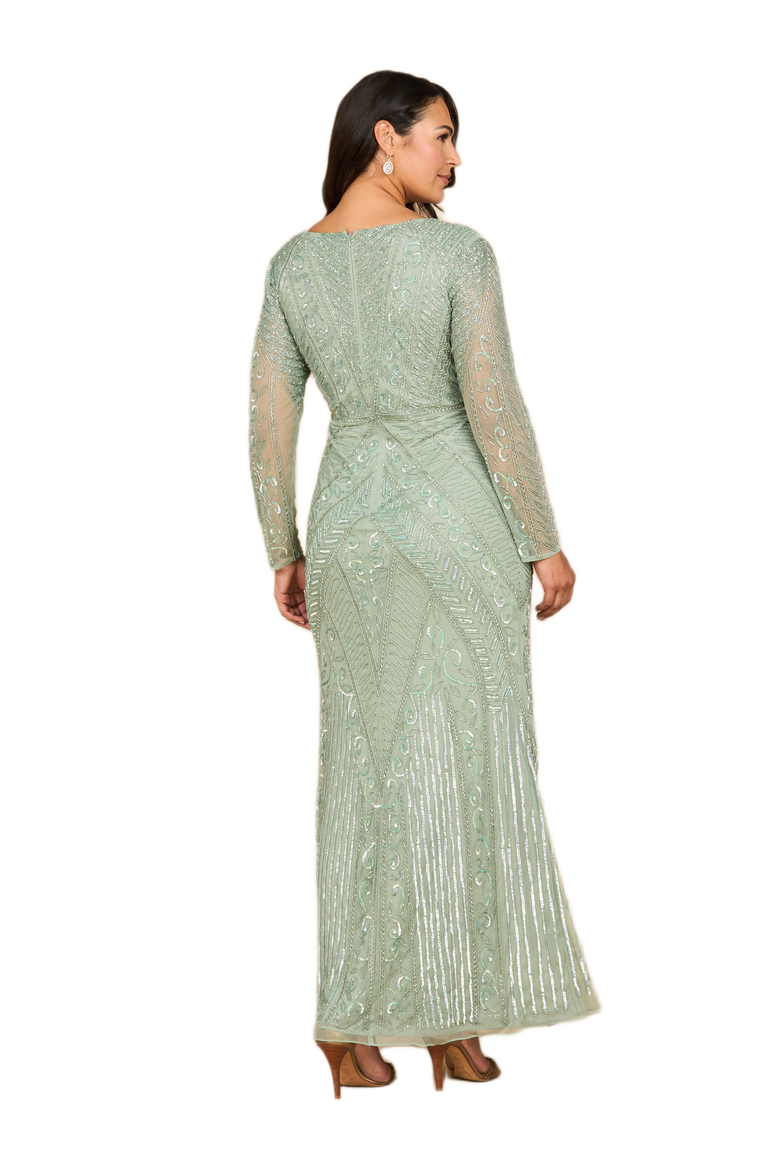 Long Sleeve Geometric Beaded Gown, Alternate, color, Dark Sage