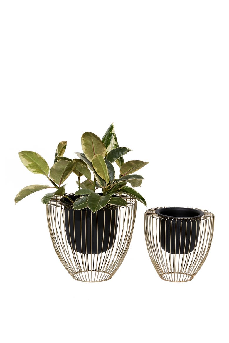 Black Metal Indoor & Outdoor Planter with Removable Goldtone Wire Stand - Set of 2, Main, color, BLACK