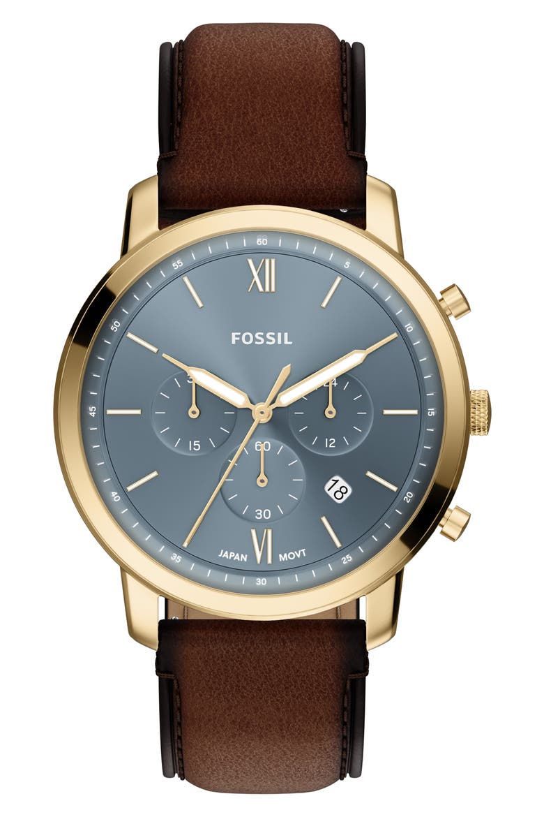 Neutra Blue Chronograph Leather Strap Watch, 44mm, Main, color, BROWN