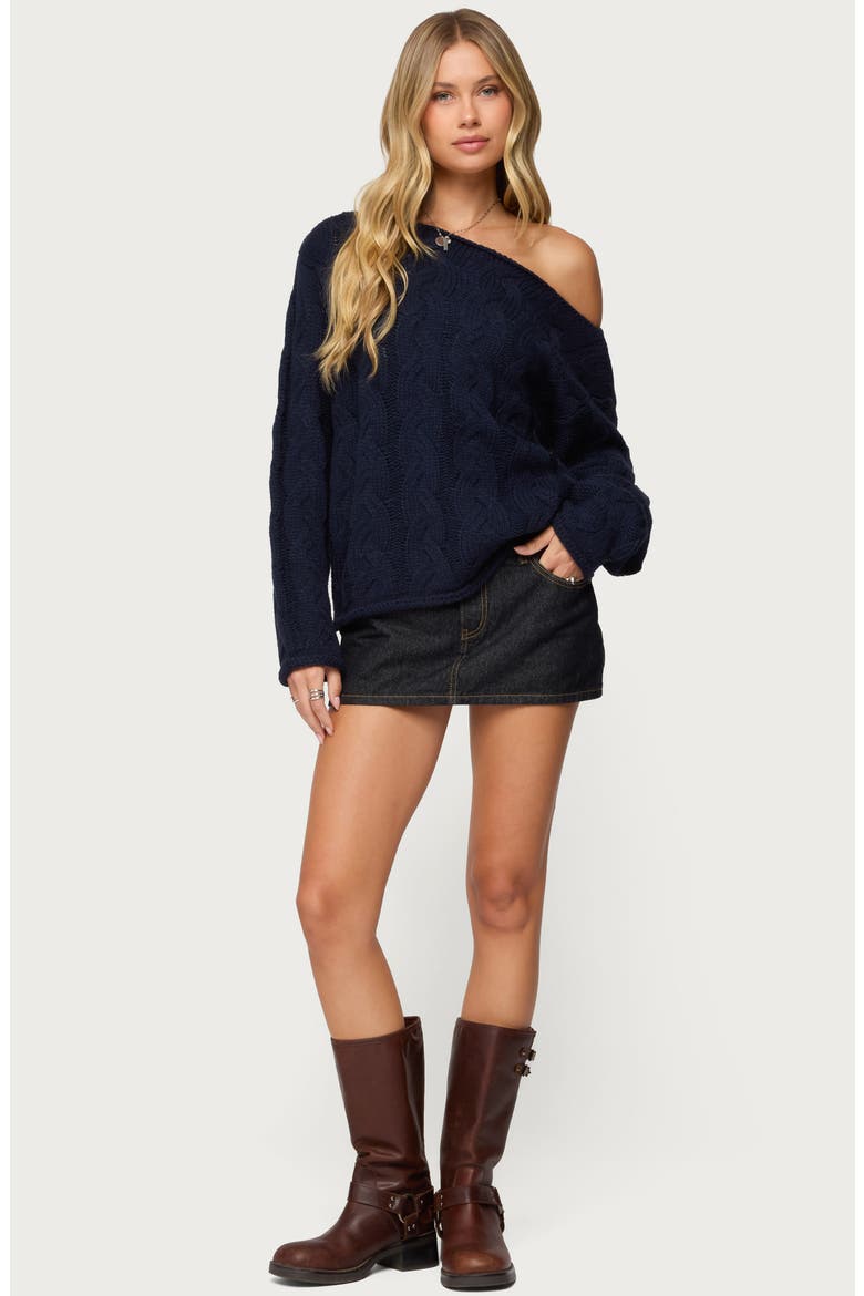 Nellie One-Shoulder Cable Stitch Sweater, Alternate, color, NAVY