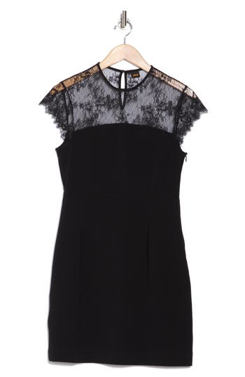 Hugo Boss Boss Orange Domina Lace Yoke Cap Sleeve Sheath Dress In Black