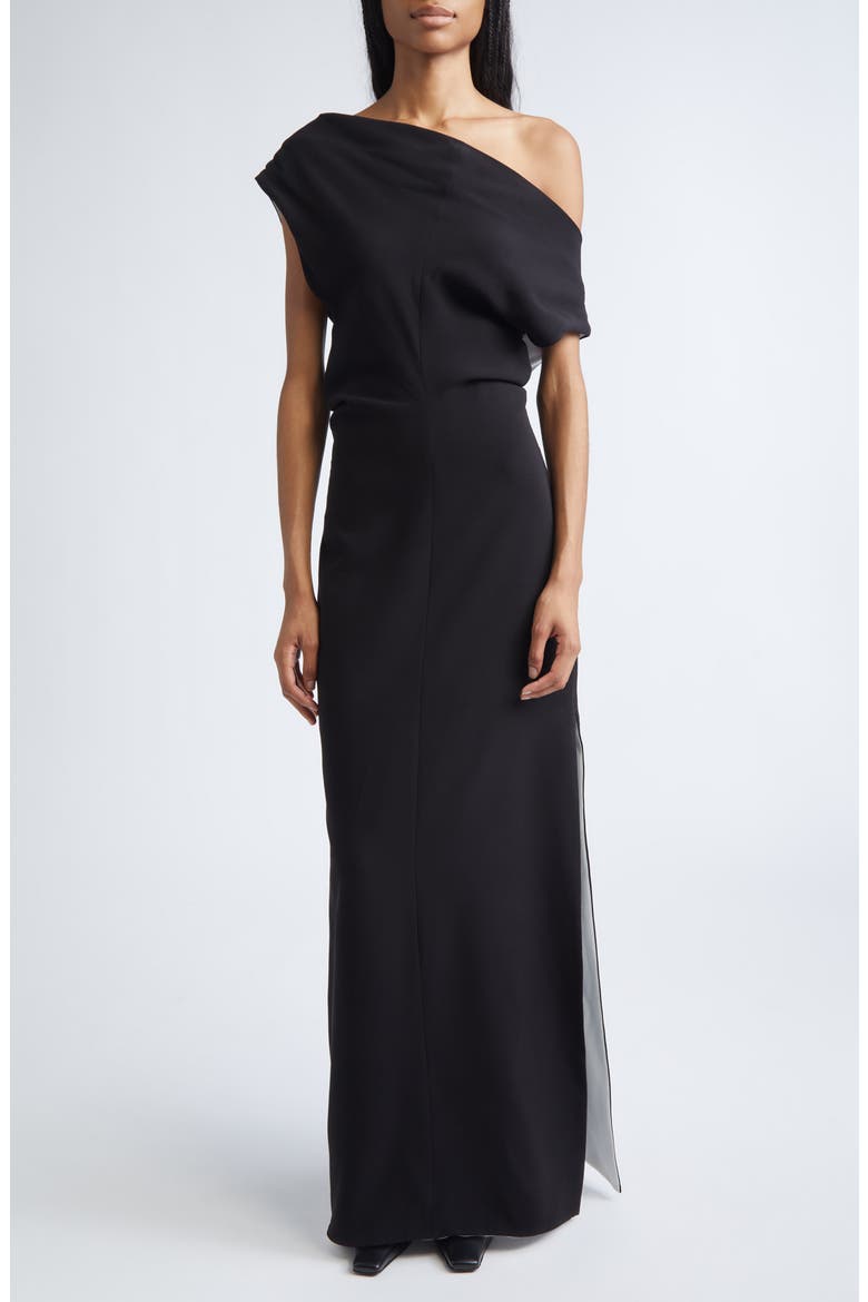 Rosina Off the Shoulder Light Double Crepe Maxi Dress, Main, color, BLACK