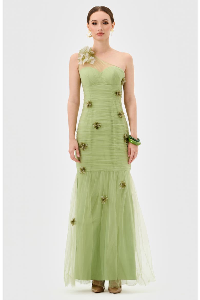 Karoline One Shoulder Tulle Gown, Main, color, PISTACHIO GREEN
