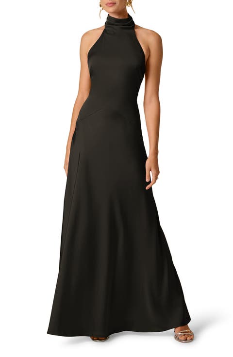 Stretch Satin Mock Neck Gown