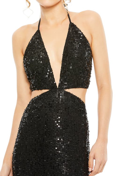 Mac Duggal Cut Out Halter Tie Back Sequin Gown In Black