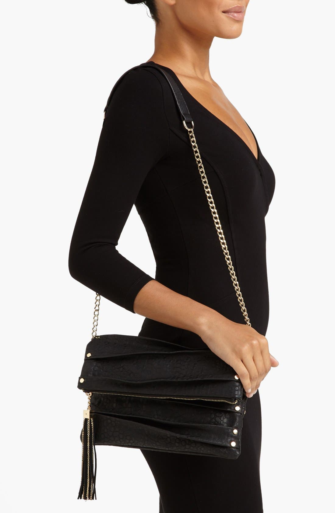 'Sophie' Foldover Clutch, Alternate, color, BLACK