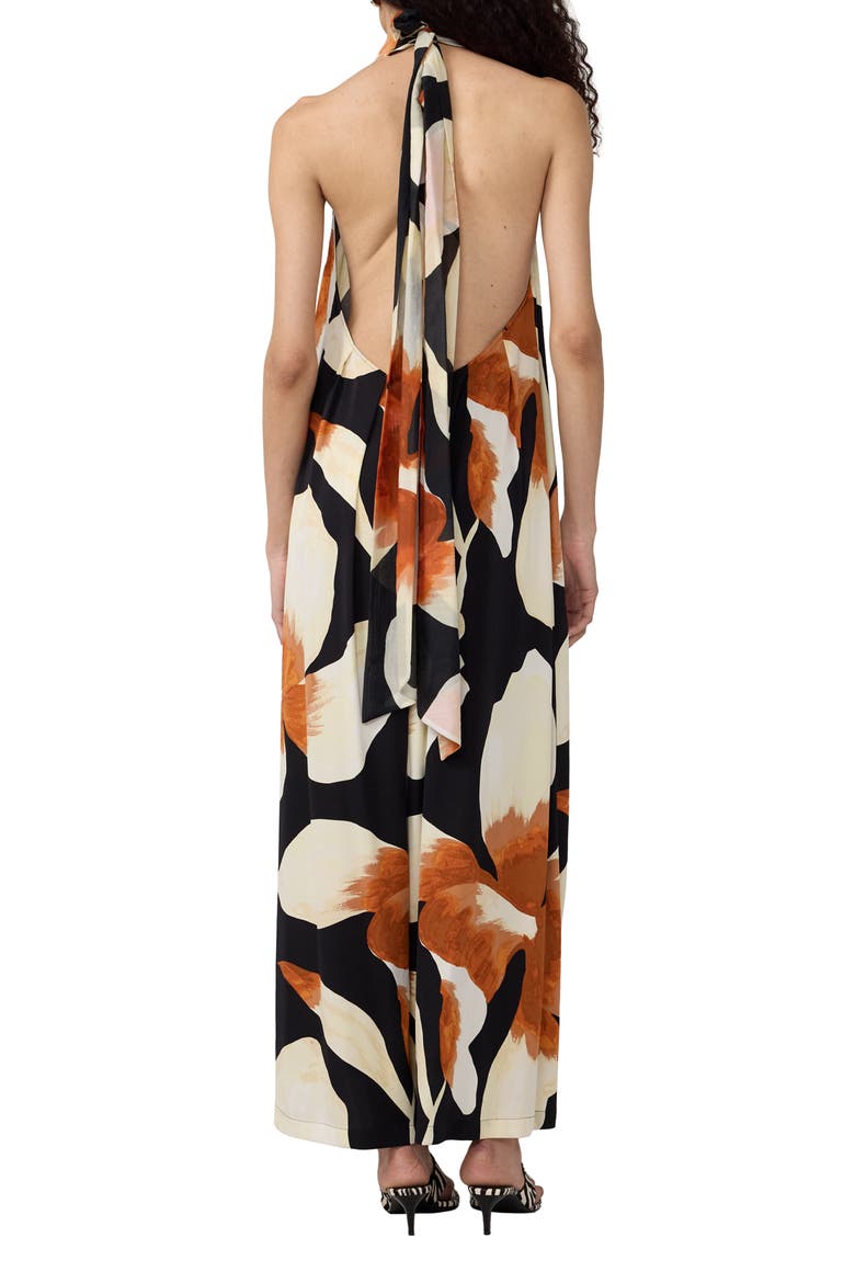Cher Floral Halter Neck Wide Leg Stretch Silk Jumpsuit, Alternate, color, ISLAND ORCHID GIANT BLACK