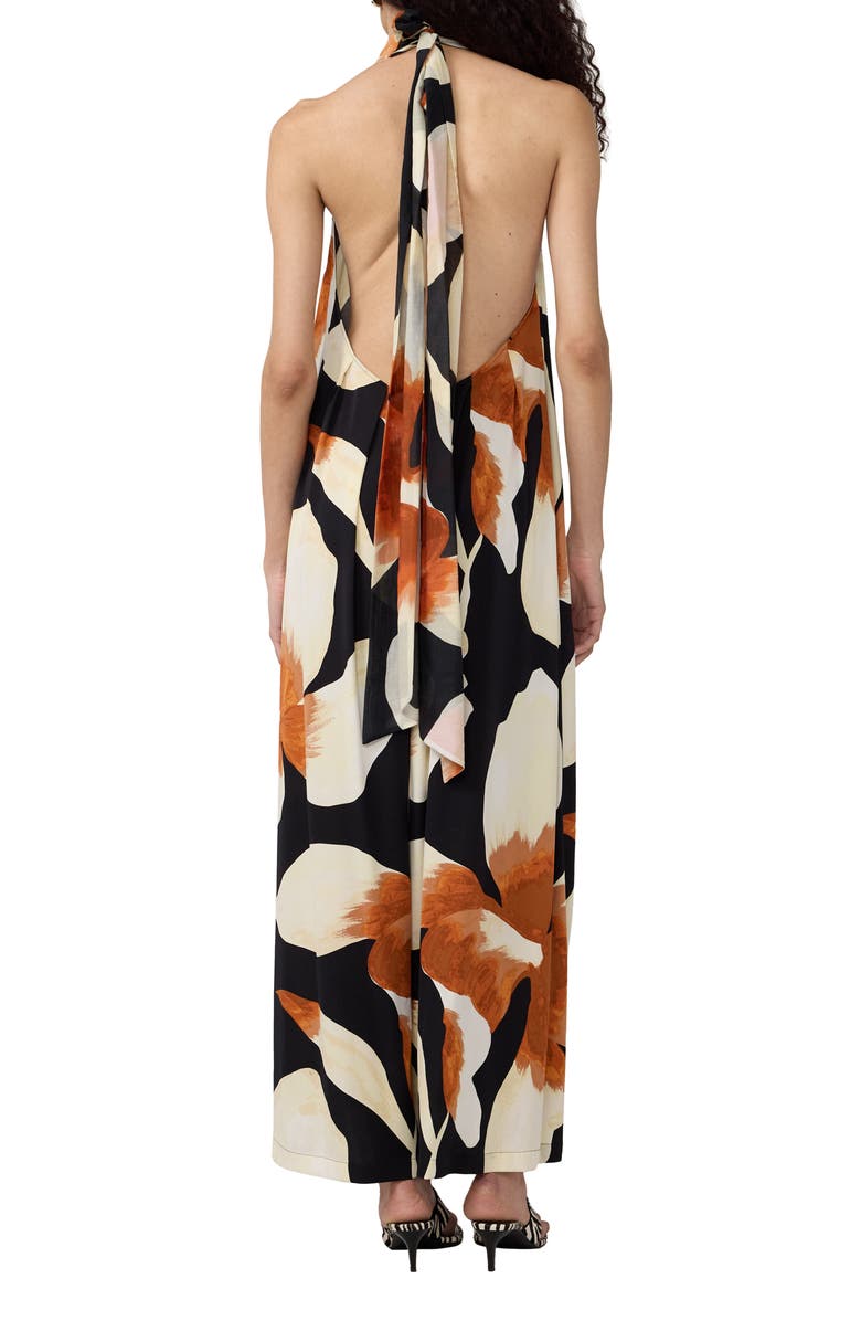 Diane von Furstenberg Cher Floral Halter Neck Wide Leg Stretch Silk Jumpsuit, Alternate, color, Island Orchid Giant Black