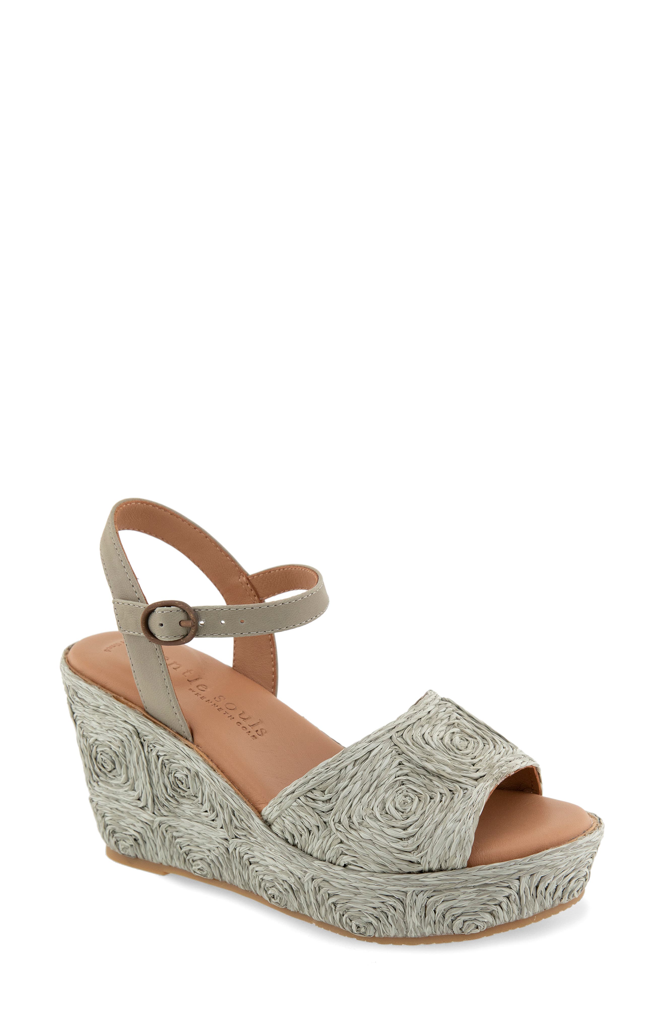 Gentle Souls Nevio Ankle Strap Platform Wedge Sandal, Main, color, Silver Sage Raffia